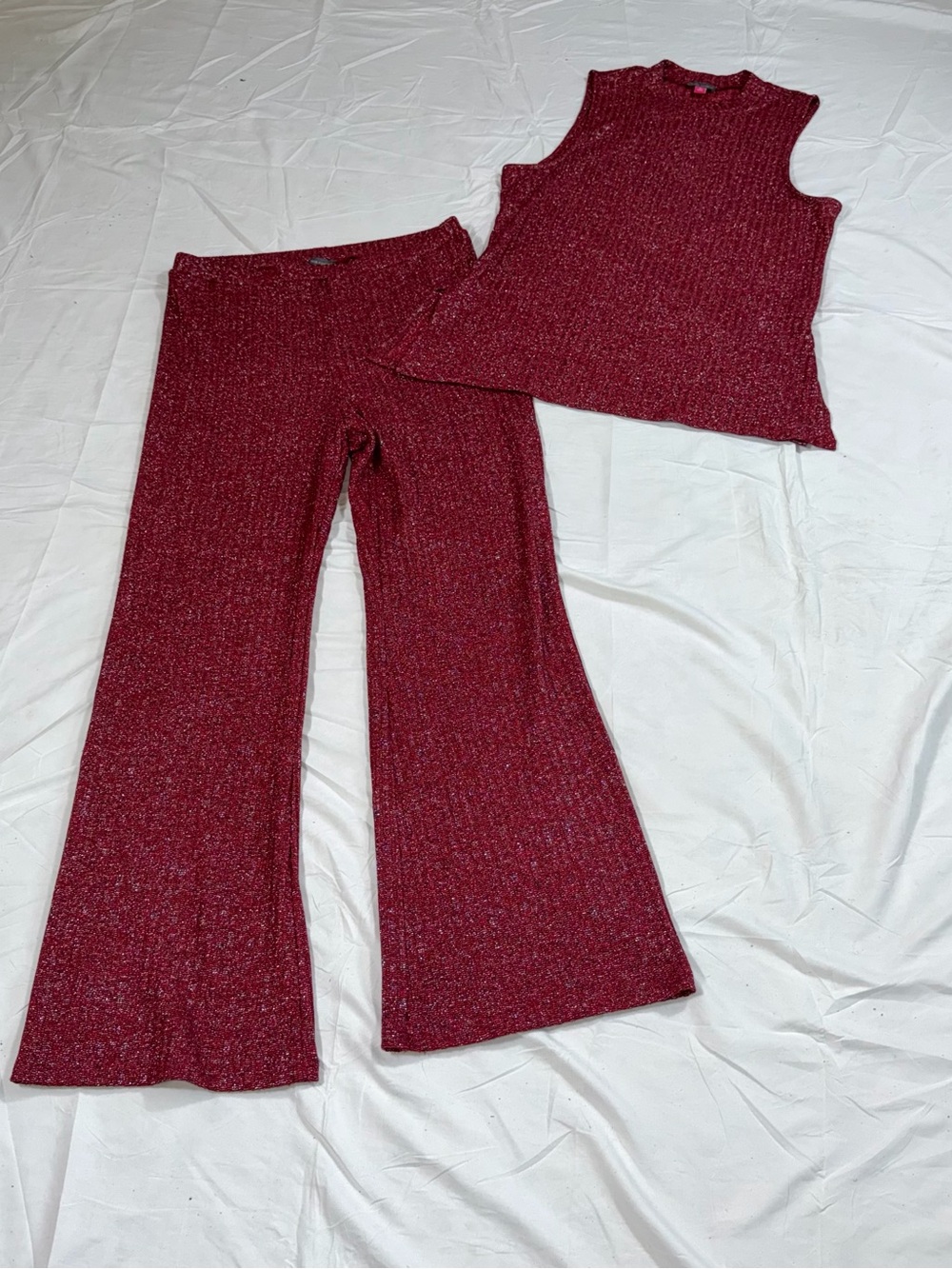 Vince Camuto Red Metallic Knit 2 Piece Set Top XL Pants L Wide Leg O41